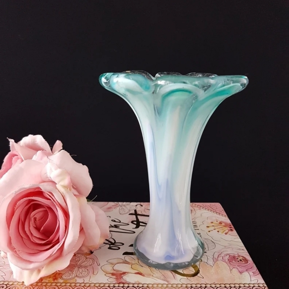 Vintage Blue Blown Glass Vase, 6 Inch Tall, Handmade in Mexico